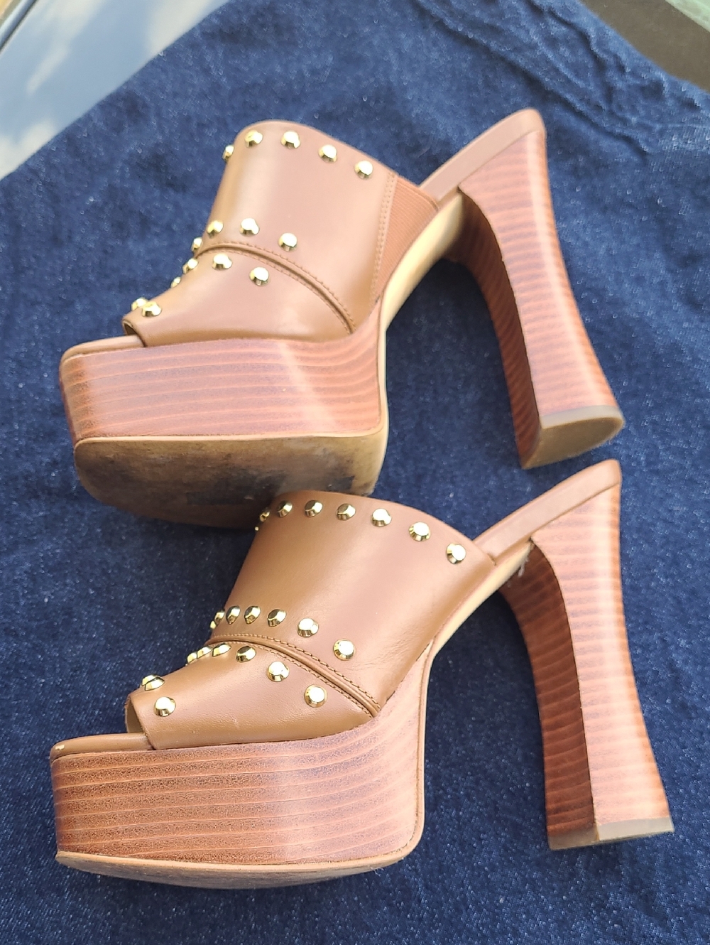 Michael Kors Sandals Platform Jagged Studded Brown Tan 6.5 Open Toe Leather Mule - Picture 5 of 7
